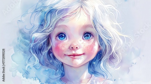 Cute Watercolor Portrait of Little Girl Whimsical Children's Book Character with White Hair and Blue Eyes Illustration