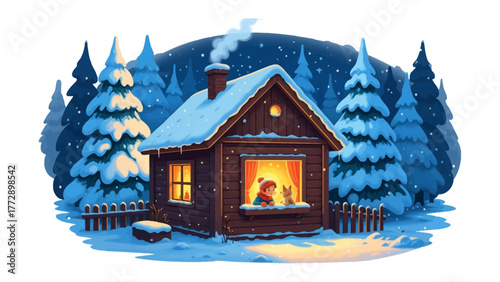 Cozy Winter Cabin: A quaint cabin nestled in a snowy winter wonderland. Warm light glows from the window. The serene beauty of a winter wonderland.