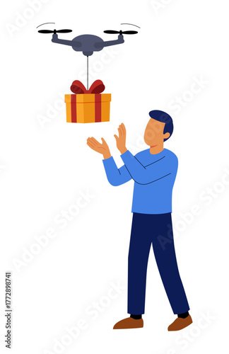 Person receiving gift delivered by drone. Modern delivery technology, smart logistics, online shopping, futuristic shipping and innovation concept illustration.