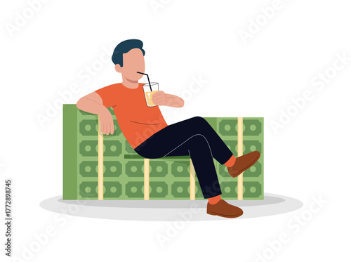 Relaxed man sitting comfortably on giant stack of money, drinking juice. Represents wealth freedom, luxury life, passive income and rich lifestyle enjoyment.