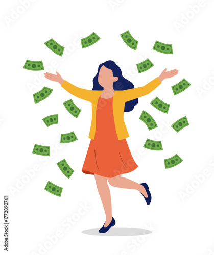 Happy Woman Celebrating Money Rain – Wealth, Lottery Win & Financial Joy