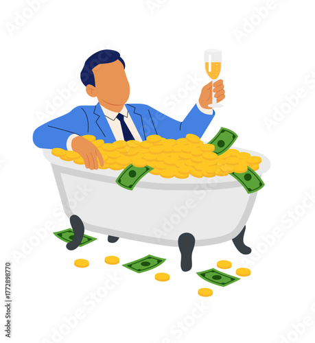 Wealthy Man Relaxing in Money Bathtub – Luxury Lifestyle & Financial Success