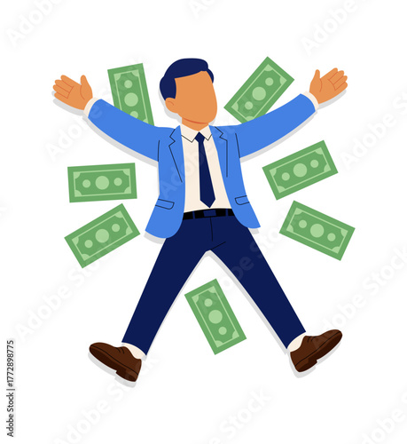 Happy Man Lying on Money – Financial Freedom, Wealth & Luxury Lifestyle