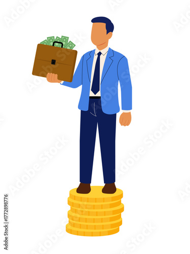 Businessman Standing on Coins Holding Briefcase – Leadership & Wealth Growth