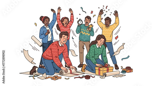 Gift Wrapped: Celebrating Success and Achievement: Illustrative scene capturing the spirit of celebration. A diverse team, amid scattered confetti.