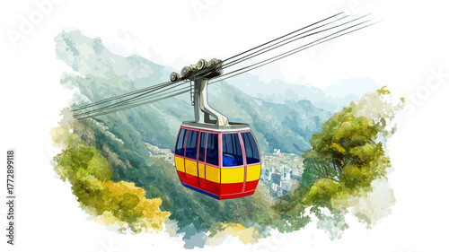 Merida Cable Car. Merida Cable Car hand drawn watercolor illustration