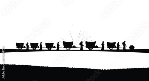 Silhouette of workers loading carts in a stark, high-contrast scene.