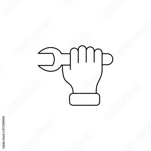 Working hand with wrench outline icon. Can be used for any platform action promotion and advertising mockup. Isolated symbol sign used for: mobile, app, design, web, dev, ui, ux, gui. EPS 10