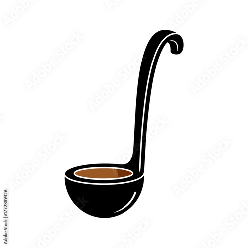 Black soup ladle with brown liquid for cooking and serving  
