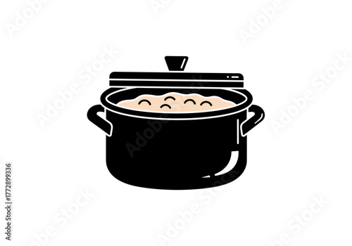 Black cooking pot with lid and bubbling contents on transparent background  