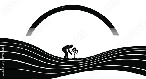 Hopeful gardener nurtures a small plant in a stylized, abstract landscape.