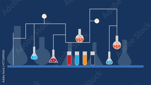 Creative science background featuring colorful laboratory flasks tubes and chemical liquids on dark blue surface perfect for education medical and research themed designs