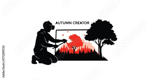 Person wearing VR headset creates digital autumn landscape with virtual reality tools