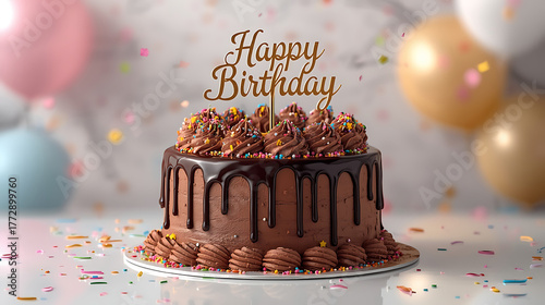 chocolate birthday cake with drip frosting swirls and happy birthday topper in festive setting