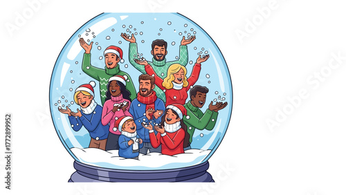 Festive Gathering inside Snow Globe: A joyful group of diverse people inside a snow globe, filled with snowfall and holiday cheer.