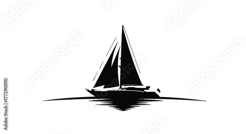 Elegant sailboat gliding through calm waters, casting a dramatic reflection