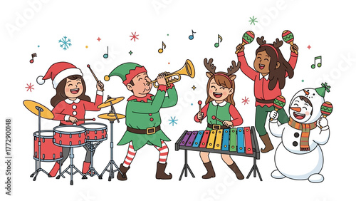 Christmas Music Ensemble: A charming ensemble of children in festive attire, each playing a different instrument and coming together to produce harmonious and delightful music.