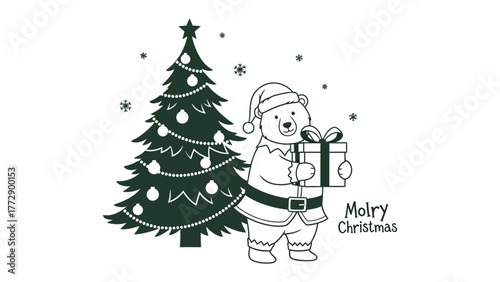 Festive Polar Bear with Gift: A delightful illustration of a charming polar bear, adorned in a santa hat and attire, standing next to a decorated Christmas tree and holding a beautifully wrapped gift.