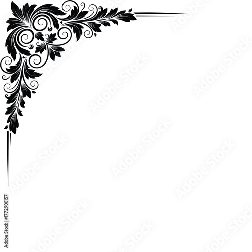 Elegant black floral corner design with swirling leaves and decorative elements