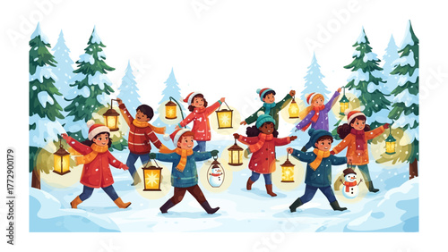 Winter Lantern Parade: A joyous procession of children, bundled in colorful winter wear, carries glowing lanterns through a snow-covered forest, illuminating the enchanting winter landscape. 