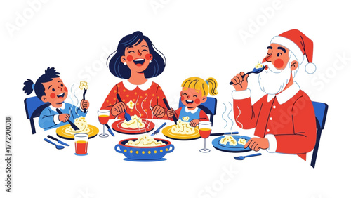 Christmas Dinner Illustration: A festive holiday illustration depicts a joyful family and a man wearing Santa Claus costume around a table, sharing a heartwarming dinner.