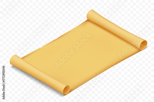 Blank paper scroll or ancient manuscripts. Isometric projection. Isolated on a transparent background. Stock vector template.