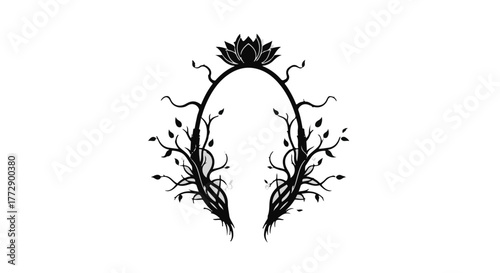 Elegant black floral oval frame with delicate branches and a lotus flower atop