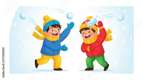 Winter Fun: Two young children engage in a spirited snowball fight, their faces alight with pure joy as they revel in the frosty weather and embrace the simple pleasures of childhood. 