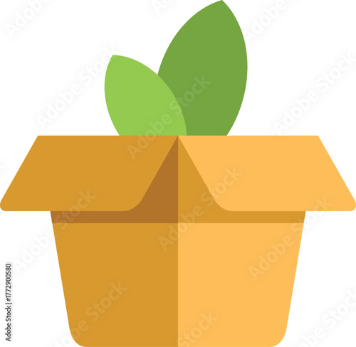 Open cardboard box containing growing green plant representing eco friendly business startup and investment for sustainable future
