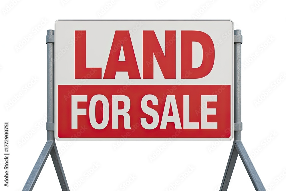 Fototapeta premium Red and white sign clearly stating land for sale on metal legs ready for real estate business