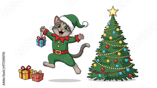 Festive Feline: An adorable cat dressed as an elf joyfully leaps, clutching a gift box with a decorated Christmas tree in sight.