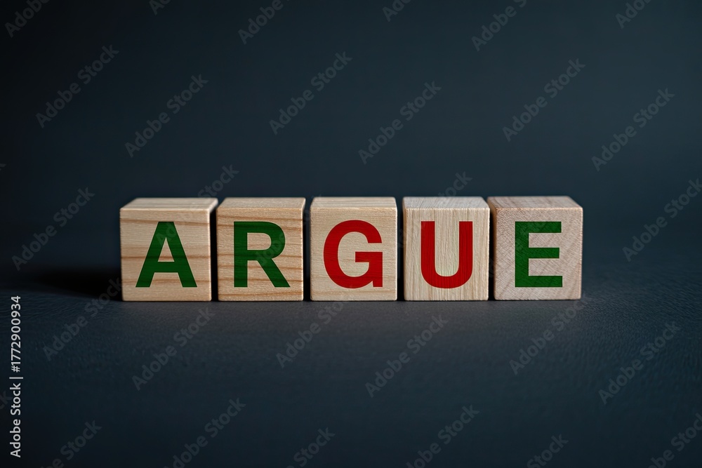 Obraz premium Wooden blocks spelling argue concept communication conflict disagreement dispute debate discussion conflict resolution creative idea
