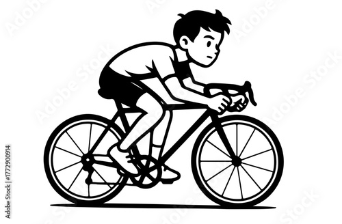Boy Riding Racing Bike Black and White Vector Illustration