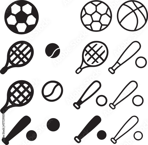Isolated sports icon set, athletic activity equipment outdoor game symbols, editable sports vector art, exercise and game icons for outdoor and sports buyers
