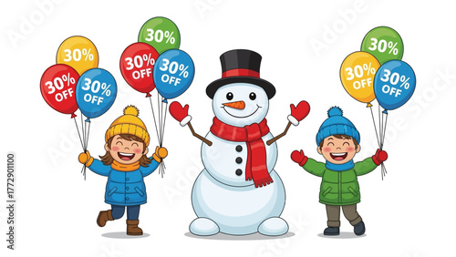 Festive Fun: A cheerful snowman and joyful children holding balloons with discount stickers, celebrating the spirit of winter sales, promoting a cheerful seasonal promotion.