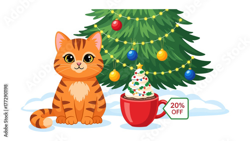 Festive Cat and Holiday Treats: A charming illustration depicts a delightful orange tabby cat sitting beside a decorated Christmas tree and a cozy mug with festive treats.