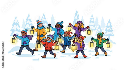 Winter Lantern Procession: A vibrant winter scene unfolds as children march cheerfully through a snowy landscape, each carrying a glowing lantern, illuminating their path with warmth and light.
