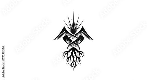 Abstract emblem symbolizing growth, nature, and interconnectedness with mountain and root elements.