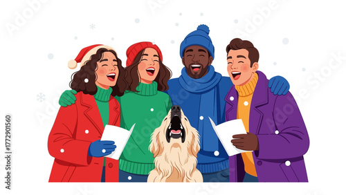 Harmonious Christmas Caroling: A group of friends and a happy dog share a moment of joy, singing Christmas carols together in the snowy weather.