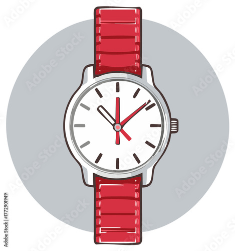Stylish hand drawn analog wristwatch with vibrant red strap and silver casing illustration