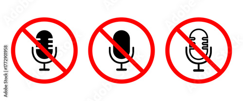 No Microphone Symbol Icon Collection for Mute, Silent, or Recording Restrictions Design, Sound Off Warning Sign, and Prohibition Label Graphic Resource for Presentation, Poster, and App Interface