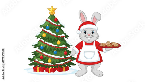 Holiday Bunny's Treat: A cheerful bunny, clad in festive attire, proudly presents a platter of cookies beside a decorated Christmas tree, evoking the warmth and cheer of the holiday season.