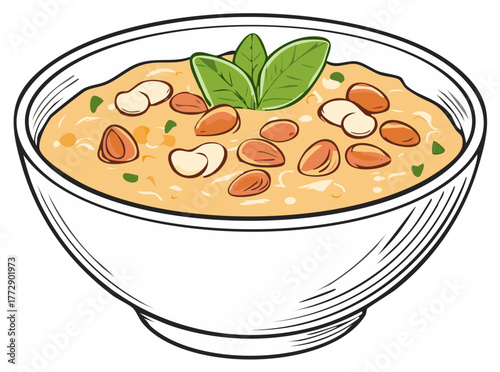 Delicious Oatmeal Bowl Illustration with Almonds and Mint Leaves in white bowl
