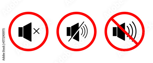 Mute Button Icon Set for Audio Control, Silent Mode, and Sound Off Design, Red Circle Prohibition Symbol for App Interface, Web UI, Presentation.