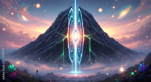 Mystical Mountain Portal - A Digital Art Landscape of Light and Energy.