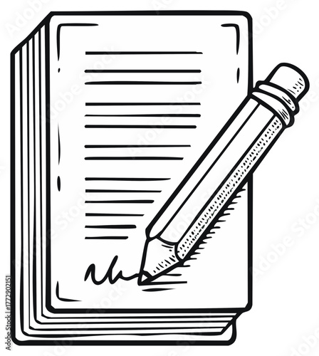 Black and white drawing of a pencil writing on a lined notepad