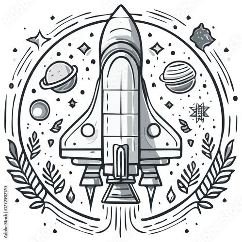 Space shuttle launch surrounded by planets and stars in a cosmic floral circle