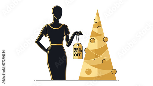 Holiday Discount Announcement: A silhouette of person alongside with Christmas tree, holding a 25% off tag, perfect for festive promotions and retail themes.