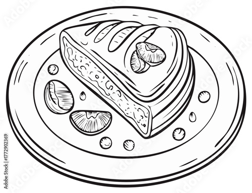 Hand drawn illustration of a delicious dessert pastry slice with nuts and fruit garnish on a plate