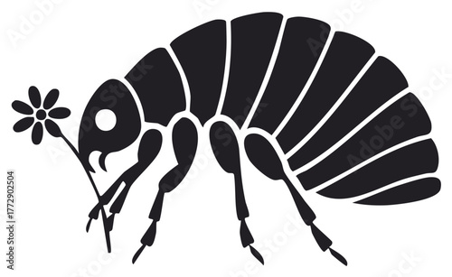 Stylized black silhouette of a flea holding a small flower in its mouth against a white background.